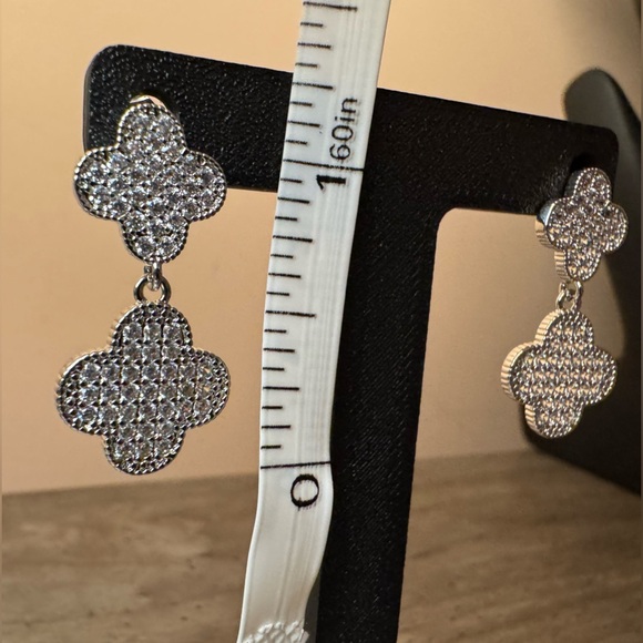 Elegant Silver Pave CZ Clover Drop Earrings - Picture 4 of 5